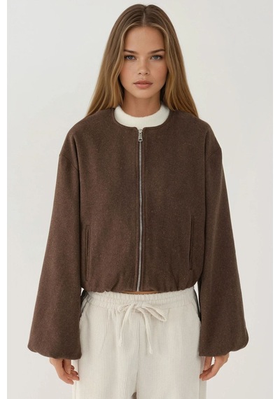 Hiccup Fermuarlı Oversize Kaşe Bomber Ceket Koyu Mocha Kahve