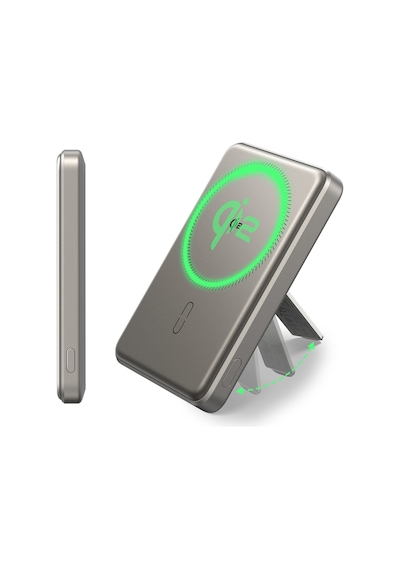 5000 Mah Taşınabilir Şarj Cihazı Halolock Qi2 Kickstand Magsafe Standlı Powerbank - Titanium Titanyum