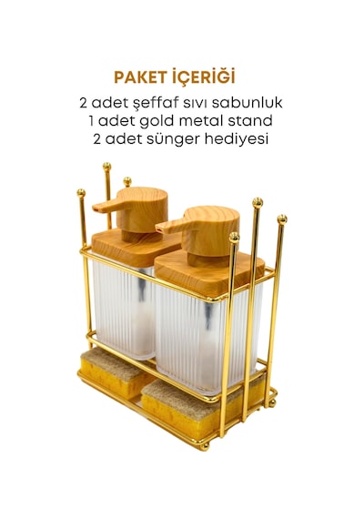 Grimorlife Ahşap Desenli Altın Gold Metal Standlı Bulaşık Deterjanı Sıvı Sabunluk Mutfak Seti-sünger Altın
