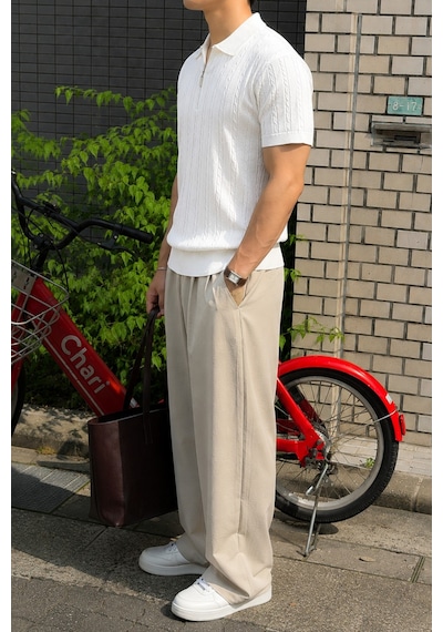 Tarz Cool Erkek Slim Fit Fermuarlı Polo Yaka Saç Örgü Desenli Triko Tişört Yazlık Pamuklu Esnek Örme Beyaz