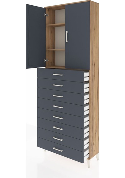 Arges Dolap 3 Raflı 8 Çekmeceli 2 Kapaklı 88x30x243 Çam-antrasit Çam