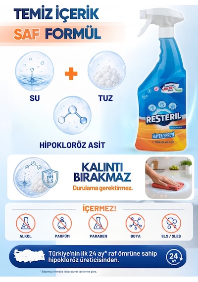 Resteril Çok Amaçlı Bebek Yüzey Dezenfektan Spreyi Durulanmayan Baby Kids Buzdolabı Koku Giderici Mutfak Yüzey Dezenfektanı Set 2 x 750 ML