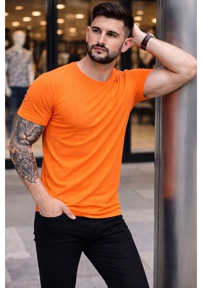 Novalisse Erkek Body Tişört Bisiklet Yaka Slim Fit Likralı T-shirt - Turuncu Çoklu Renk