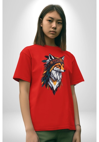 Kızılderili Tilki Pamuklu Bisiklet Yaka Unisex Oversize Boyfriend Dijital Baskılı Kırmızı T-shirt Kırmızı