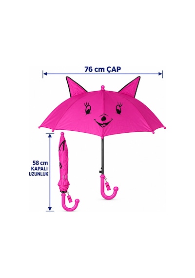 Mubx Kedi Kulaklı Çocuk Şemsiyesi 76 Cm Çap Sevimli Figürlü Düdüklü Yağmur Şemsiyesi Pembe