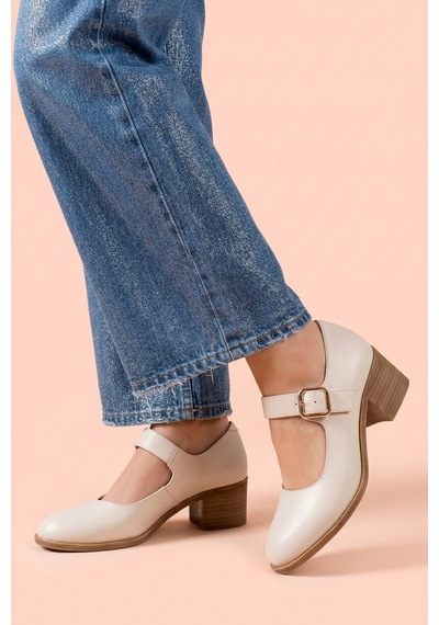 Analin Shoes Kadın Hakiki Deri Tokalı Günlük Kalın Topuklu Ayakkabı Krem