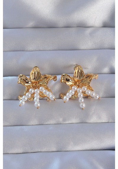 Ezoconcept 316l Çelik Gold Renk İnci Aksesuarlı Çiçek Model Küpe Çok Renkli