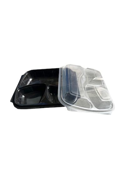 Şeffaf Kapaklı Sıcak Soğuk Isıya Dayanıklı Yemek Salata Kabı - 3 Bölmeli - 21x25 Cm. - 100 Adet