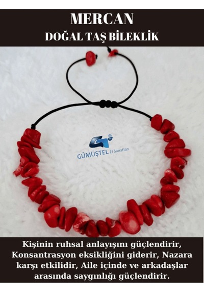 Gümüştel El Sanatları Sertifikalı Doğal Kırık Taş Mercan Taşı Bileklik Asansörlü Kilit Sistemi Kırmızı