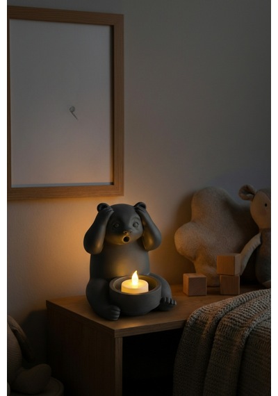 Dekoratif Tealight Mum Hediyeli Ayı Panda Tasarım Vegan Siyah