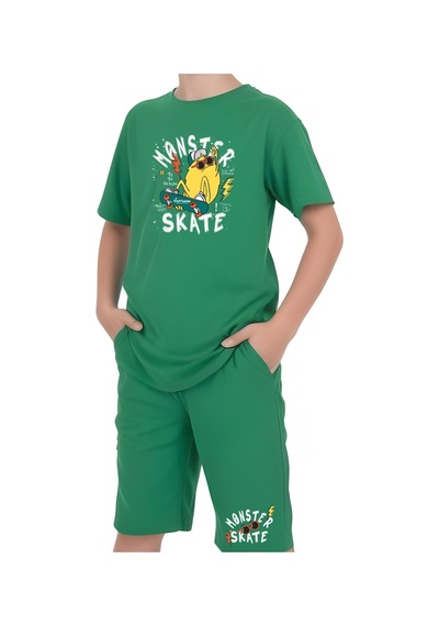Fyk Kids Erkek Çocuk Ti Şört-şort Skate Baskili Alt-üst Takim Yeşil