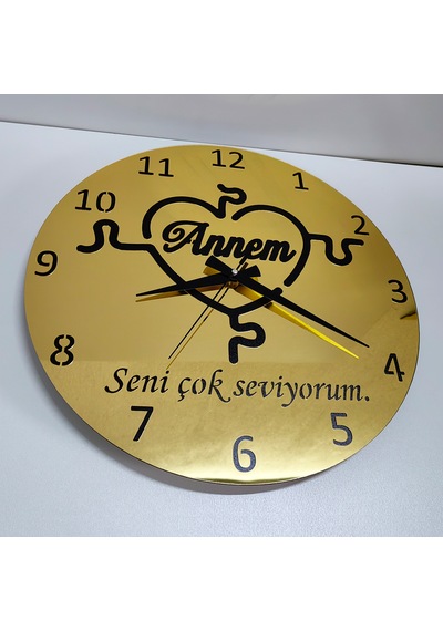 Anneler İçin Gold Aynalı Duvar Saati Seni Çok Seviyorum Annem Yazılı Hediye Altın