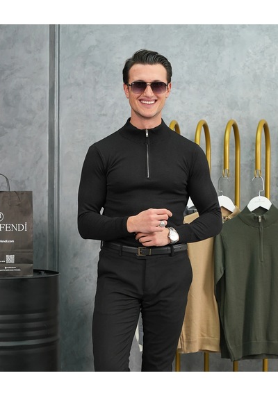 Modefendi Pamuk Likra Slim Fit Yarım Fermuarlı Kazak Siyah