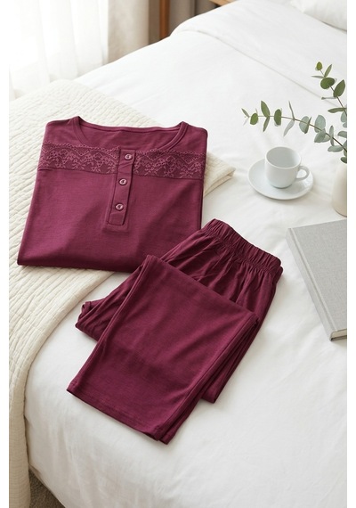 Aura Collections Kadın Dantelli Bambu Viskon Uzun Kollu Mevsimlik Soft Örme Pijama Takımı Bordo