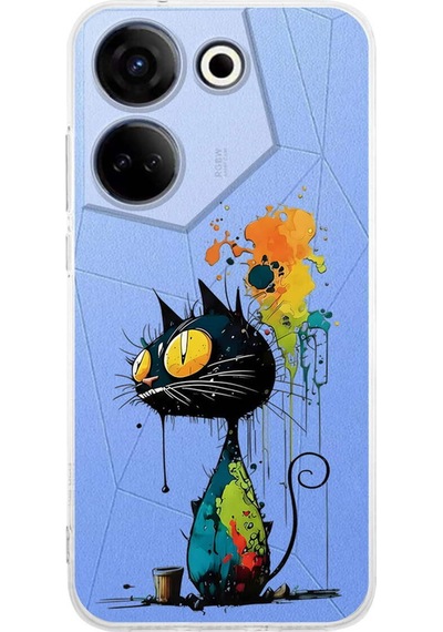 Tecno Camon 20 İle Uyumlu Splash Kedi Tasarımlı Şeffaf Silikon Kılıf Şeffaf