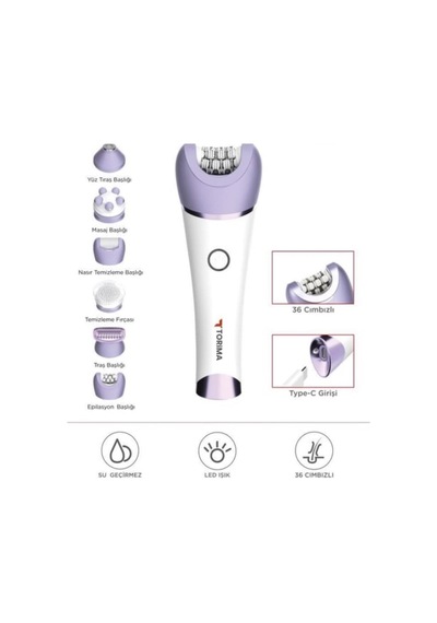 Torima Tep-02 Beyaz 6 Başlıklı Yüz+koltuk Altı+bikini Bölgesi+bacak Islak Ve Kuru Kablosuz Epilatör