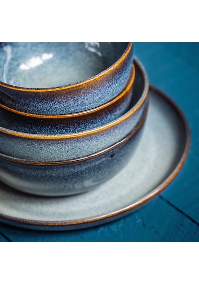 4 Lü Kase Seti Mavi Renk 14 Cm Meridyendukkan Stoneware, Renkli Sır