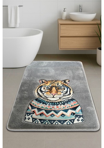 Logwe Gri Tekli Nakışlı Banyo Paspası ,kaymaz Tabanlı 60x100 Cm Füme-tek