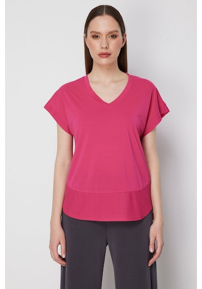 On Kadın V Yaka Parçalı T-shirt 71475 Fuşya