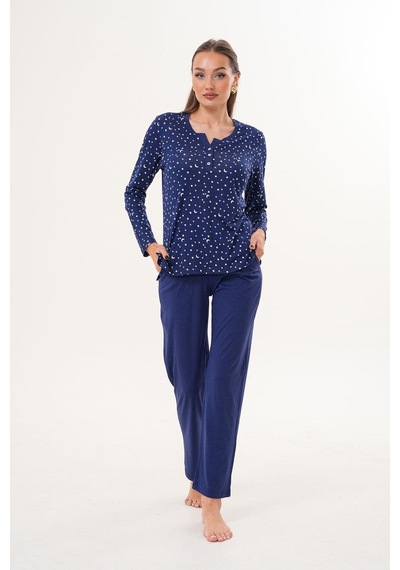 Çift Kaplan Kadın Pamuk Modal Yıldızlı Açık Patlı Lacivert Pijama Takımı 7005 Lacivert