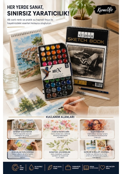 Art-x 48 Renk Suluboya Seti + Südor A4 Sketch Book Profesyonel Çizim Ve Sanat Seti Hobi Defteri A4