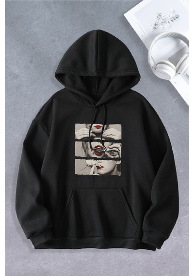 Nevermind Unisex Kadın Erkek Sigara Dudak Modeli Oversize Sweatshirt Siyah