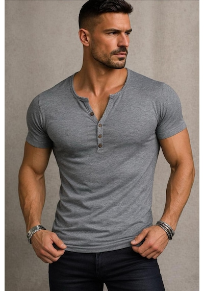 Özel Üretim Henley Yaka Düğmeli Açık Geniş Yaka Tişört T-shirt Füme Özel Üretim Henley Yaka Düğmeli Açık Geniş Yaka Tişört T-shirt Füme