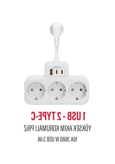 Çoklu Kablolu Priz Dönüştürücü, 1 Usb Ve 2 Type-c Girişli Yüksek Akım Koruması 0
