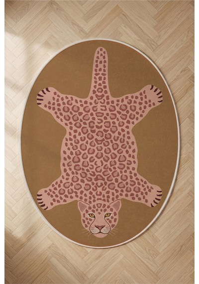 Leopar 01 Hardal Pembe Leopar İnce Vintage Görünüm Şönil Dokuma Oval Salon Oda Ev Balkon Halısı Hardal Sarısı
