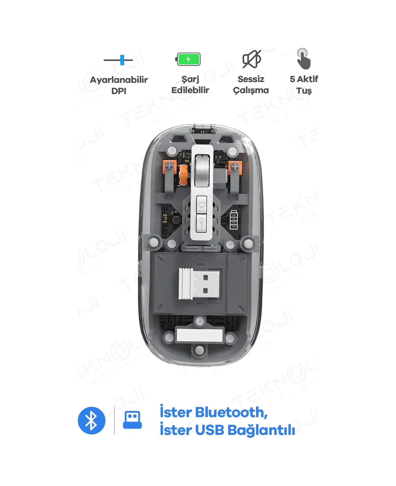 Bluetooth Usb Çift Modlu Sessiz Mouse, Şeffaf Mıknatıslı Kapaklı, Type-c Şarjlı, Dpı Ayarlı, Kablosuz 10m Çekim Mesafeli Diğer