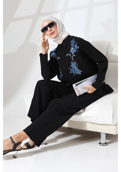 Mihran Butik 100% Pamuk Keten Günlük Ve Rahat Çiçek Desen Nakışlı Pullu Gömlek Pantolon Yazlık Alt Üst Takım Siyah Mihran Butik 100% Pamuk Keten Günlük Ve Rahat Çiçek Desen Nakışlı Pullu Gömlek Pantolon Yazlık Alt Üst Takım Siyah