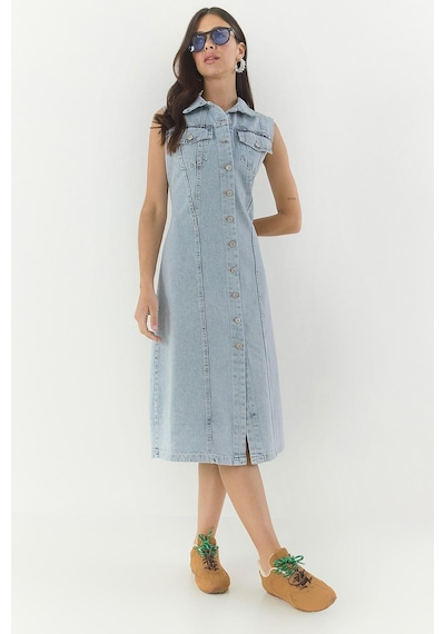 Shade Kadın Belden Oturan Cepleri Kapaklı Sıfır Kollu Düğmeli Denim Elbise 3575 60283288 - Buz Mavisi