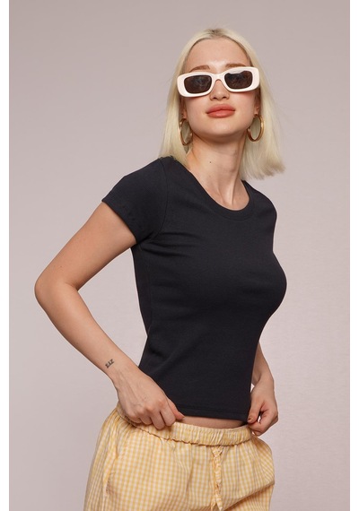 Lacivert Geniş Yaka Fittili Basic Kadın T-shirt Mg2293 Lacivert