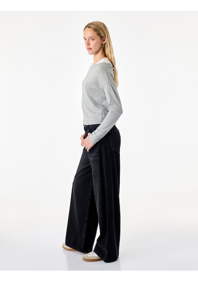 Koton Slim Fit Viskon Karışımlı Asimetrik Yaka Uzun Kollu Katmanlı Tişört Gri 7wal10346ık