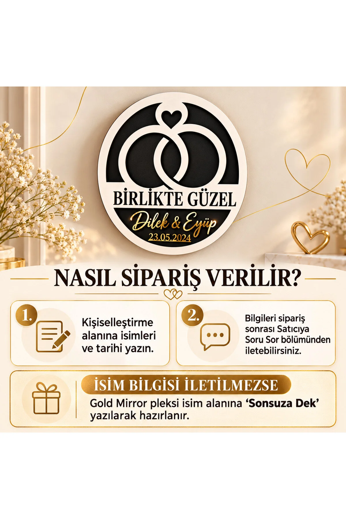 Kişiye Özel İsimli Ve Tarihli Yuvarlak Mdf Duvar Dekoru Gold Mirror Pleksi Düğün Ve Yıl Dönümü Hediyesi