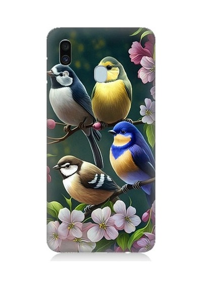 Samsung Galaxy A30 Uyumlu Mavi Sarı Ve Siyah Başlı Kuşlar Desenli Silikon Kılıf