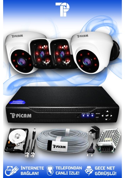 Picam 4 Kameralı Panda 2 İç Kamera Set 250 GB HDD Full HD Gece Görüşlü Güvenlik Kamerası Sistemi