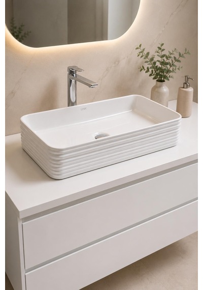 Lena E-2106 Tezgah Üstü Porselen Lavabo Dikdörtgen Beyaz Set Üstü Lavabo