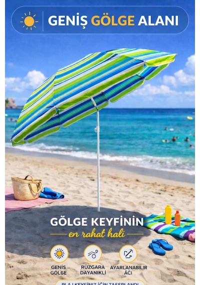 Çizgili Mavi-yeşil 170 Cm Ayarlanabilir Polyester Ekose Kumaş Plaj Şemsiyesi Yeşil-mavi-beyaz