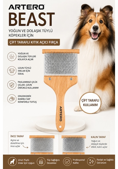 Beast Yoğun Ve Dolaşık Tüylü Köpekler İçin Çift Taraflı Kıtık Açıcı Fırça