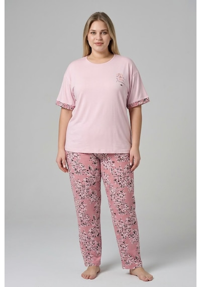 Lukitus Büyük Beden Kısa Kollu Milan Kumaş Kadın Pijama Takımı Açık Pembe