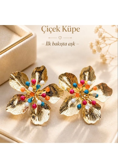 Riody Rainbow Bloom Gold Renkli Taşlı Büyük Çiçek Küpe Sarı - Gümüş - Gold