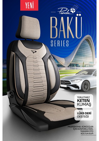 Bej - Siyah Panda Bakü Serısı Keten Kumaş Oto Koltuk Kılıfı - Tam Set