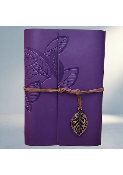 Şık Yaprak Desenli Deri Defter Mor Renkli Ajanda 103 Ivory