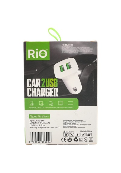 Rio Tech Çift Usb Araç Şarj Cihazı 2.4a Hızlı Ve Güvenli Şarj