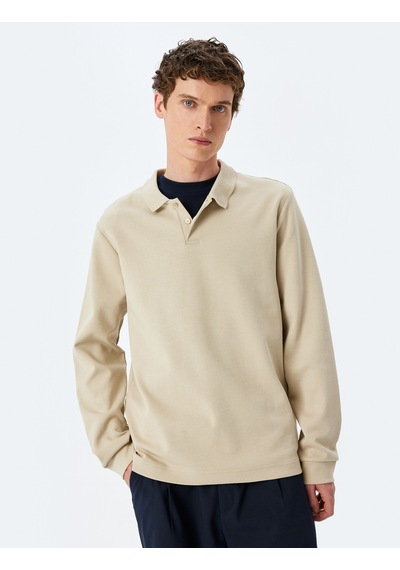 Koton Pamuklu İnterlok Kumaş Polo Yaka Sweatshirt Bej 5sam70003mk Ekru