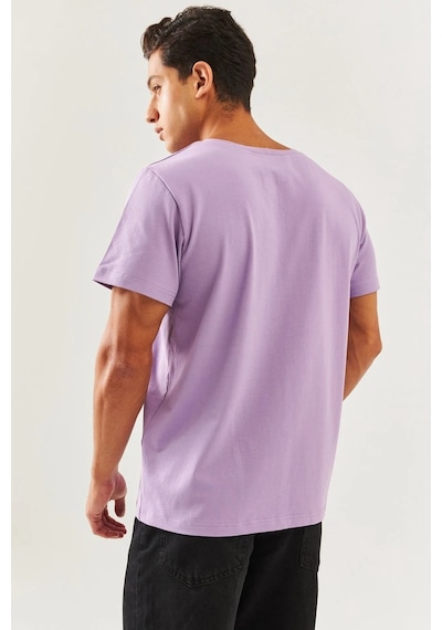 Erkek Oversize Rahat %100 Pamuklu Penye Bisiklet Yaka Kısa Kol Basic T-shirt Lila