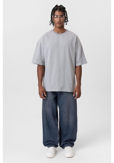 Vamos Basic Oversize Bisiklet Yaka Tişört Gri
