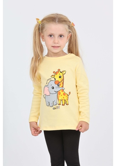 Toontoy Kız Çocuk Zürafa Fil Baskılı Sweatshirt Açık Sarı