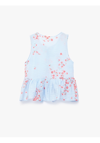Koton Yuvarlak Bağcıklı Yaka Fiyonklu Kolsuz Çizgili Çiçekli Fırfırlı Peplum Bluz Pembe Desenli 6sak60255ew